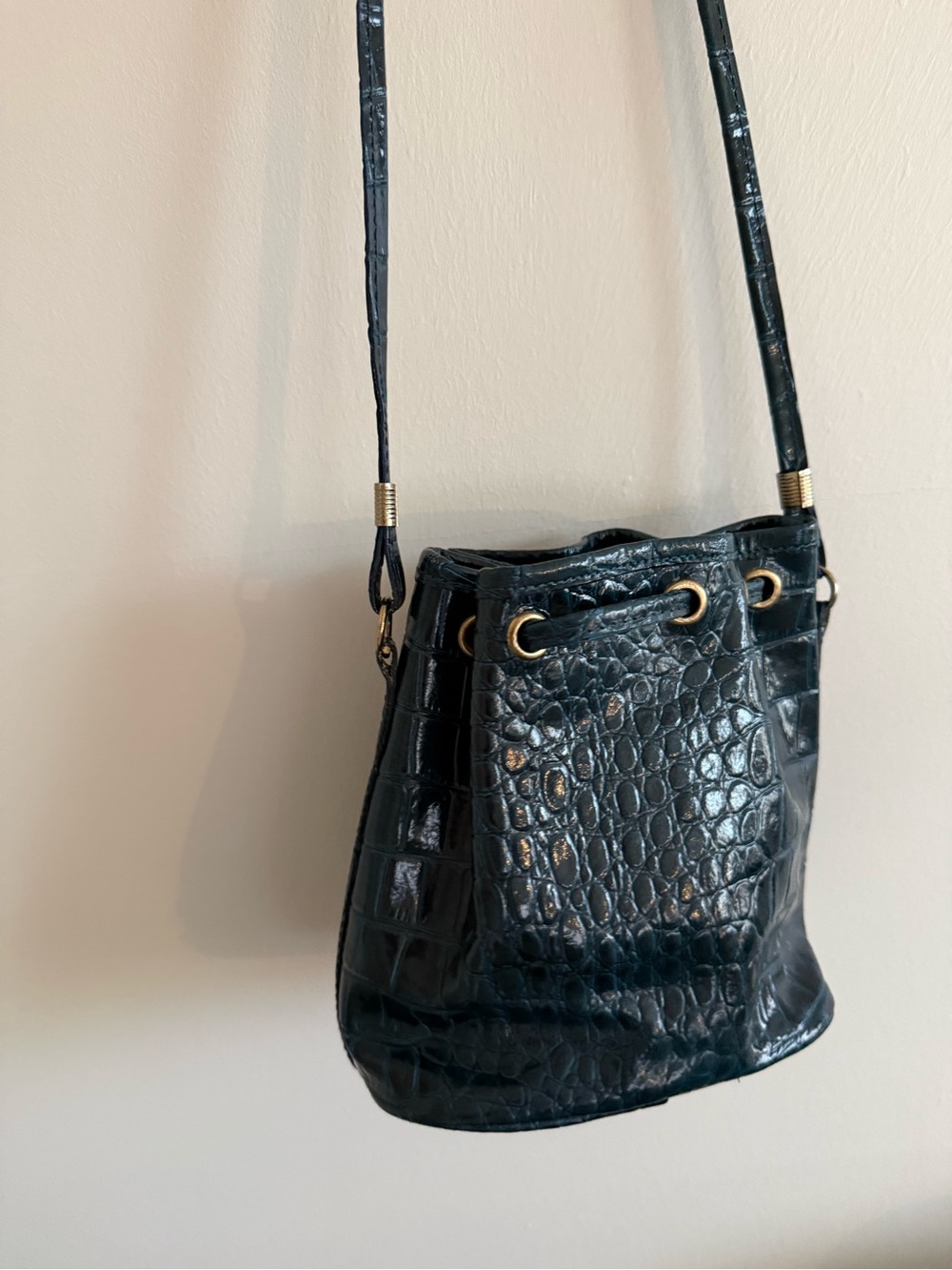❌SOLD LOCAL❌ Vintage Teal Croc-Embossed Leather Bucket Bag Mini Crossbody - Picture 4 of 12